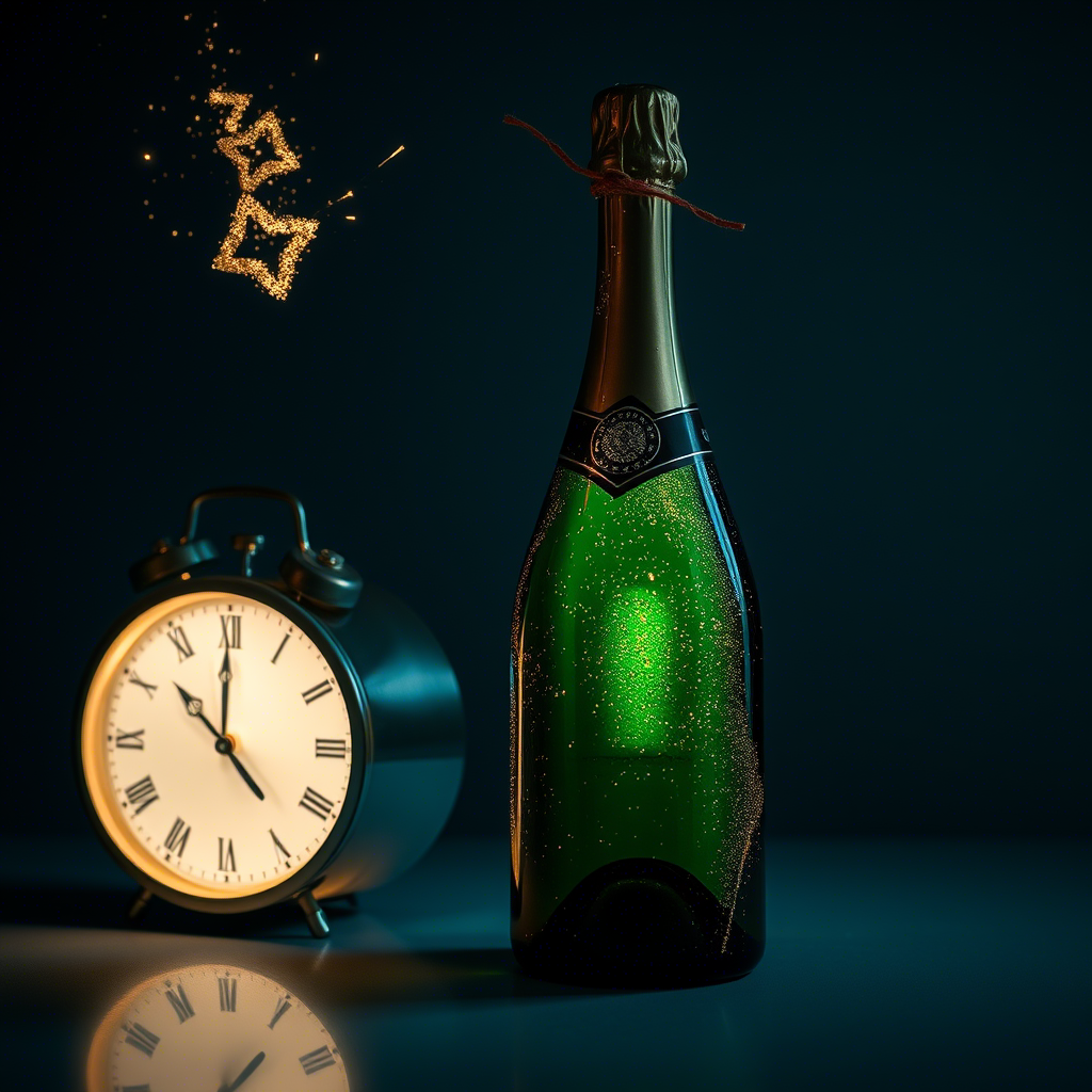Sparkling champagne bottle with a clock striking midnight