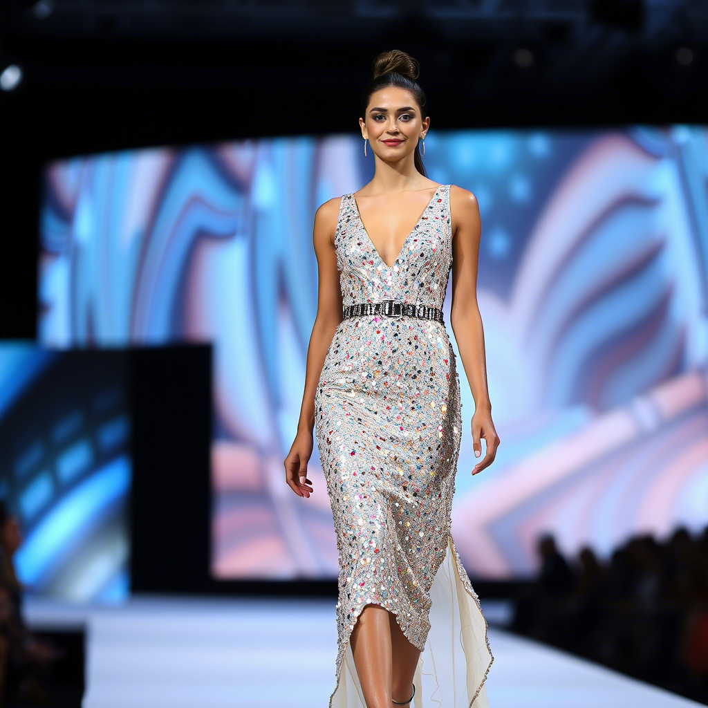 Sparkling sequin cocktail dress on a fashionista walking down the runway