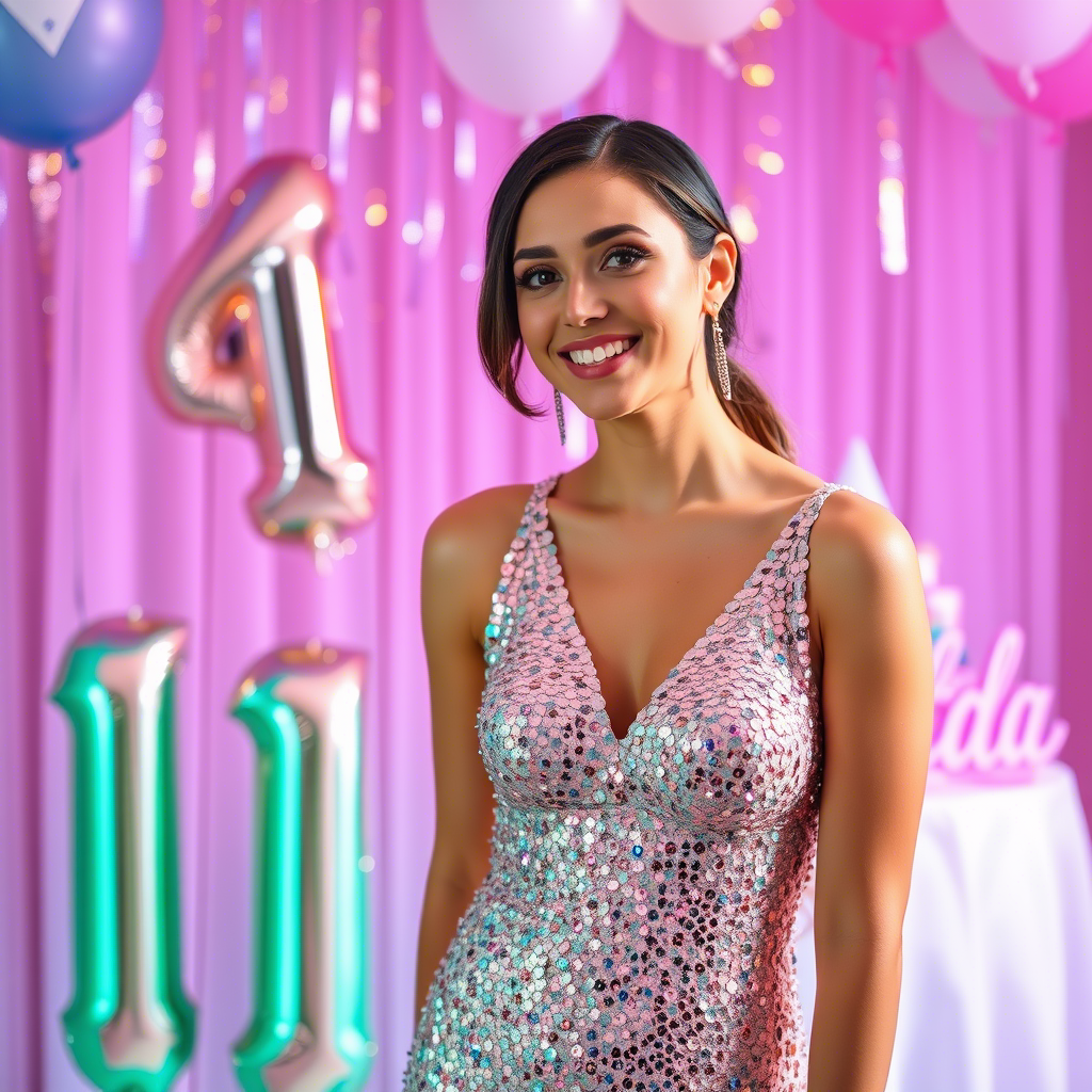 Sparkling sequin dress on young woman celebrating her birthday