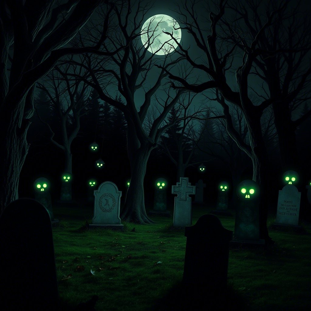 Spooky graveyard with creepy trees and glowing eyes in the dark