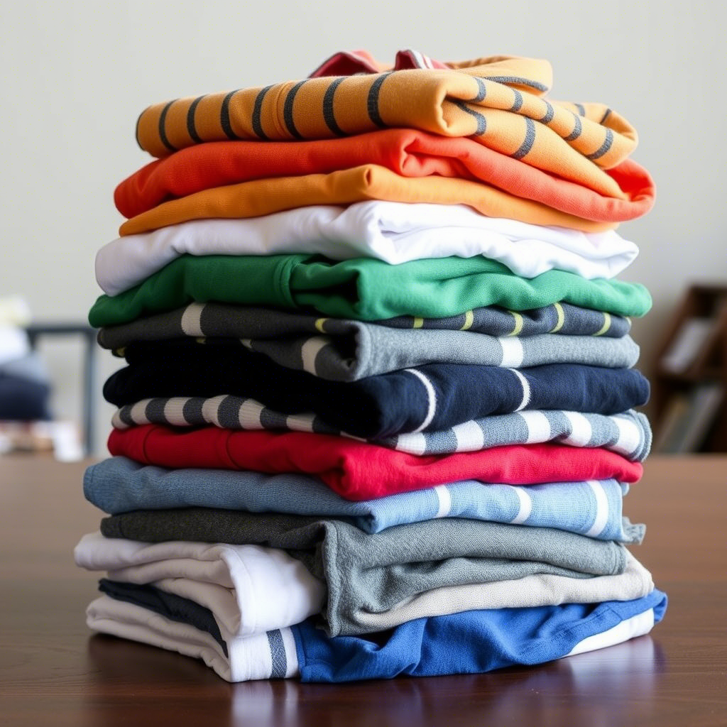 Stack of assorted boys shirts and tops in different colors and designs on a table
