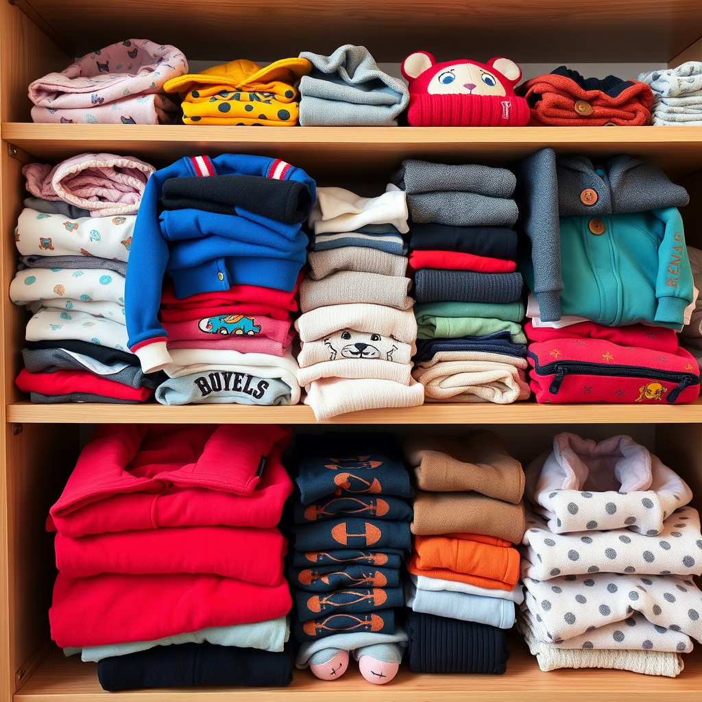 Stack of assorted kids apparel neatly arranged on wooden shelves