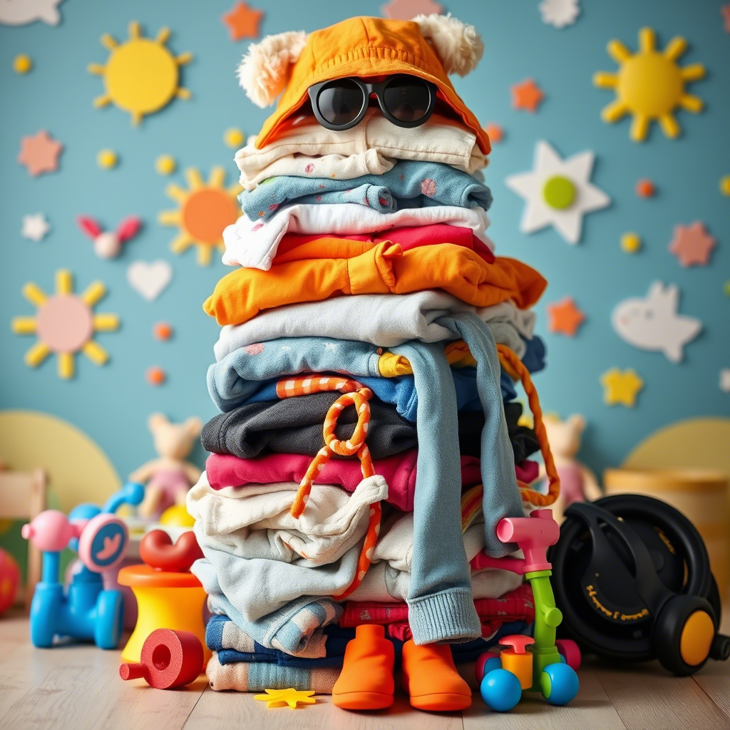 Stack of assorted kids clothing, toys and accessories, playful background