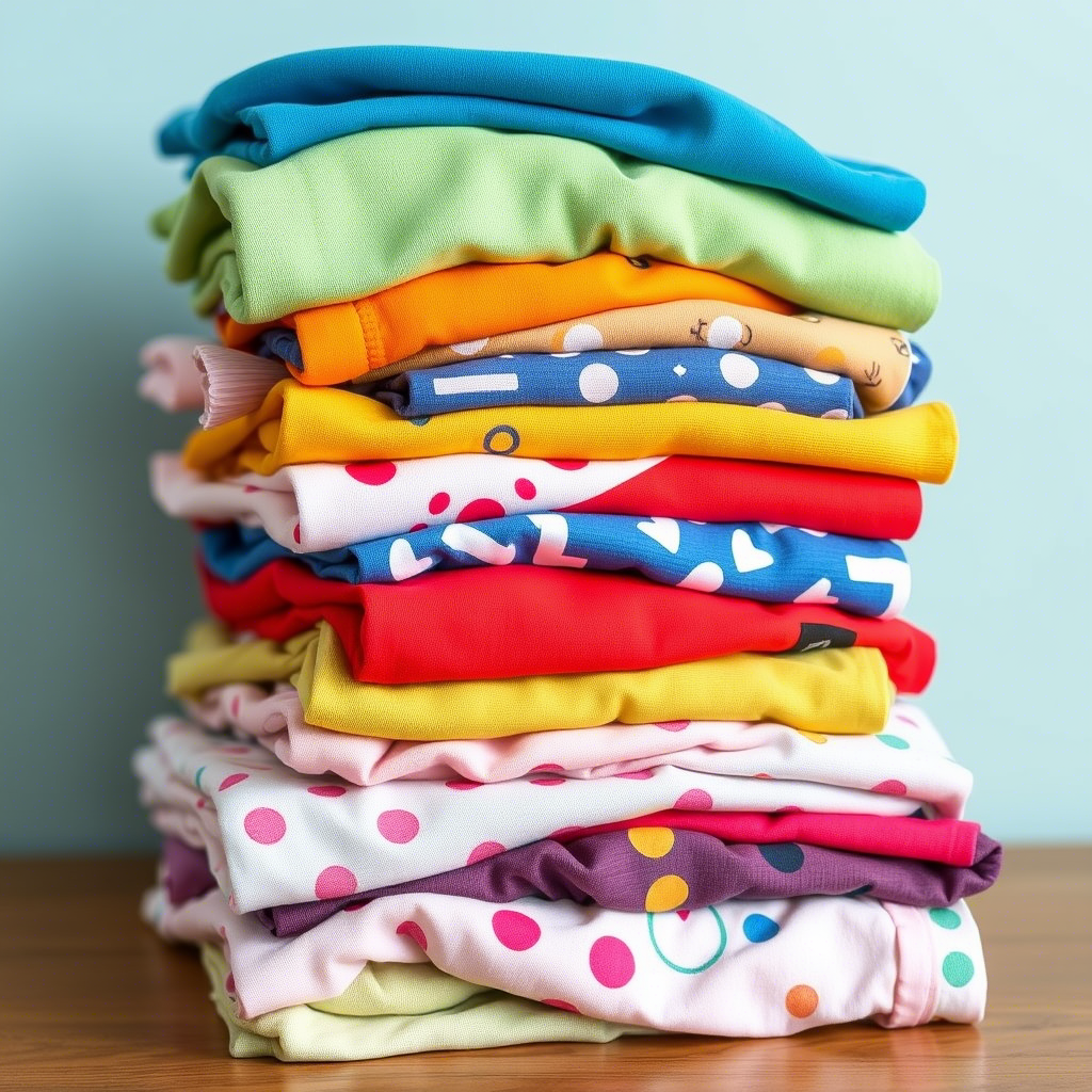 Stack of assorted kids clothing with bright colors and fun designs