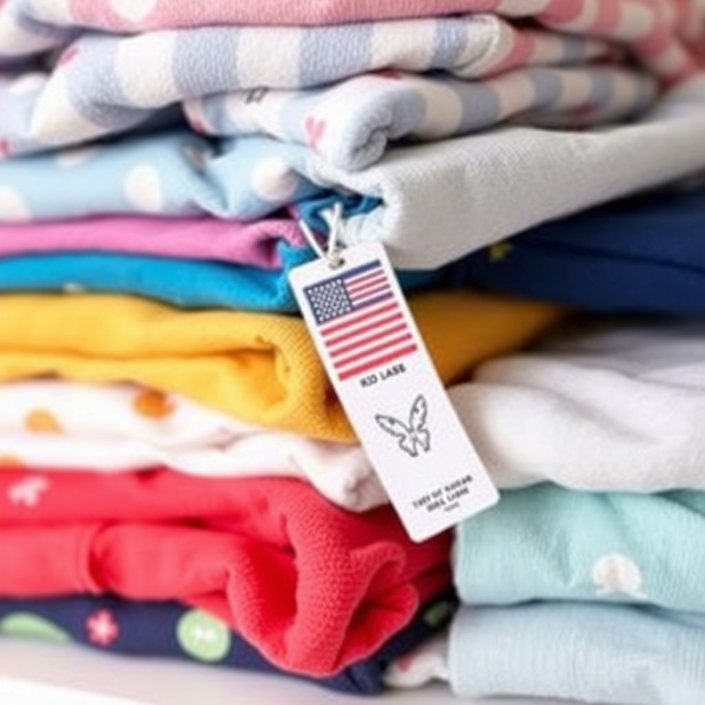 Stack of assorted kids’ clothing with USA label and tag