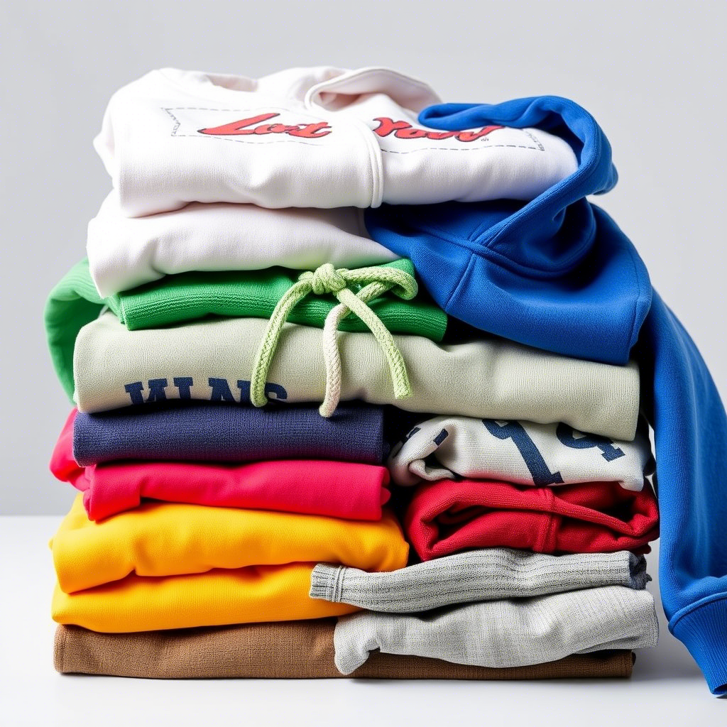 Stack of assorted kids hoodies and sweatshirts with different colors and designs