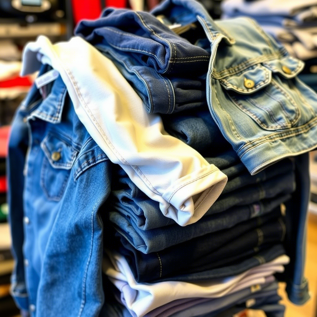 Stack of assorted kids jeans and denim jackets for wholesale