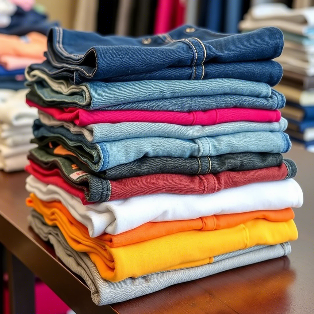Stack of assorted kids jeans and leggings for wholesale on a table