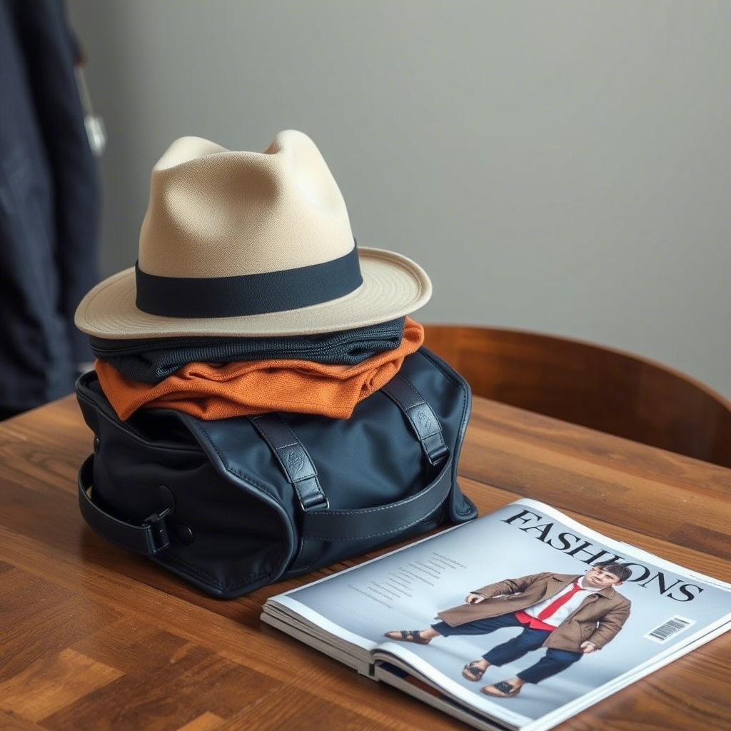 Stack of boys’ accessories like hats and bags on a wooden table with a fashion magazine