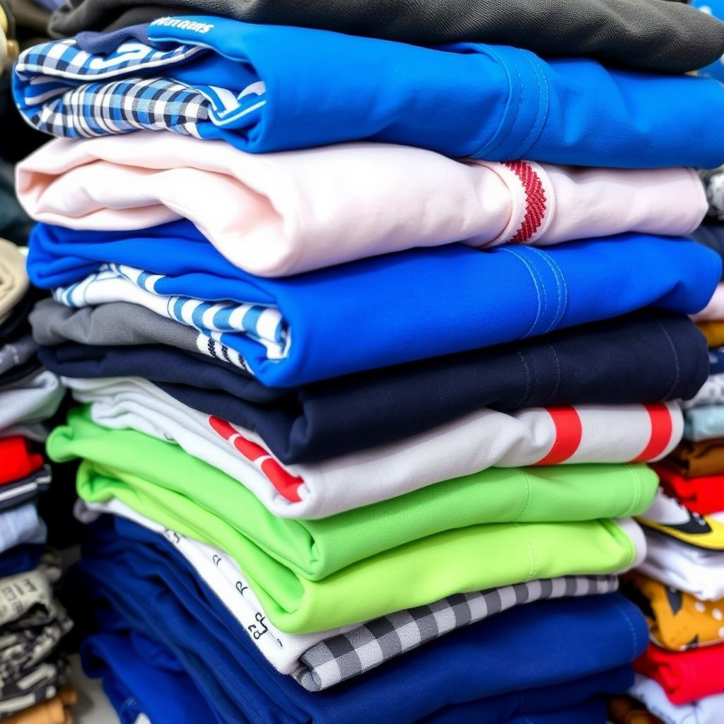 Stack of boy’s clothing items including shirts, pants, and shorts for resale