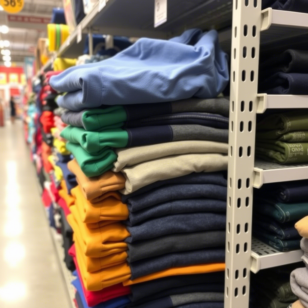 Stack of colorful boys’ pants on a wholesale store shelf