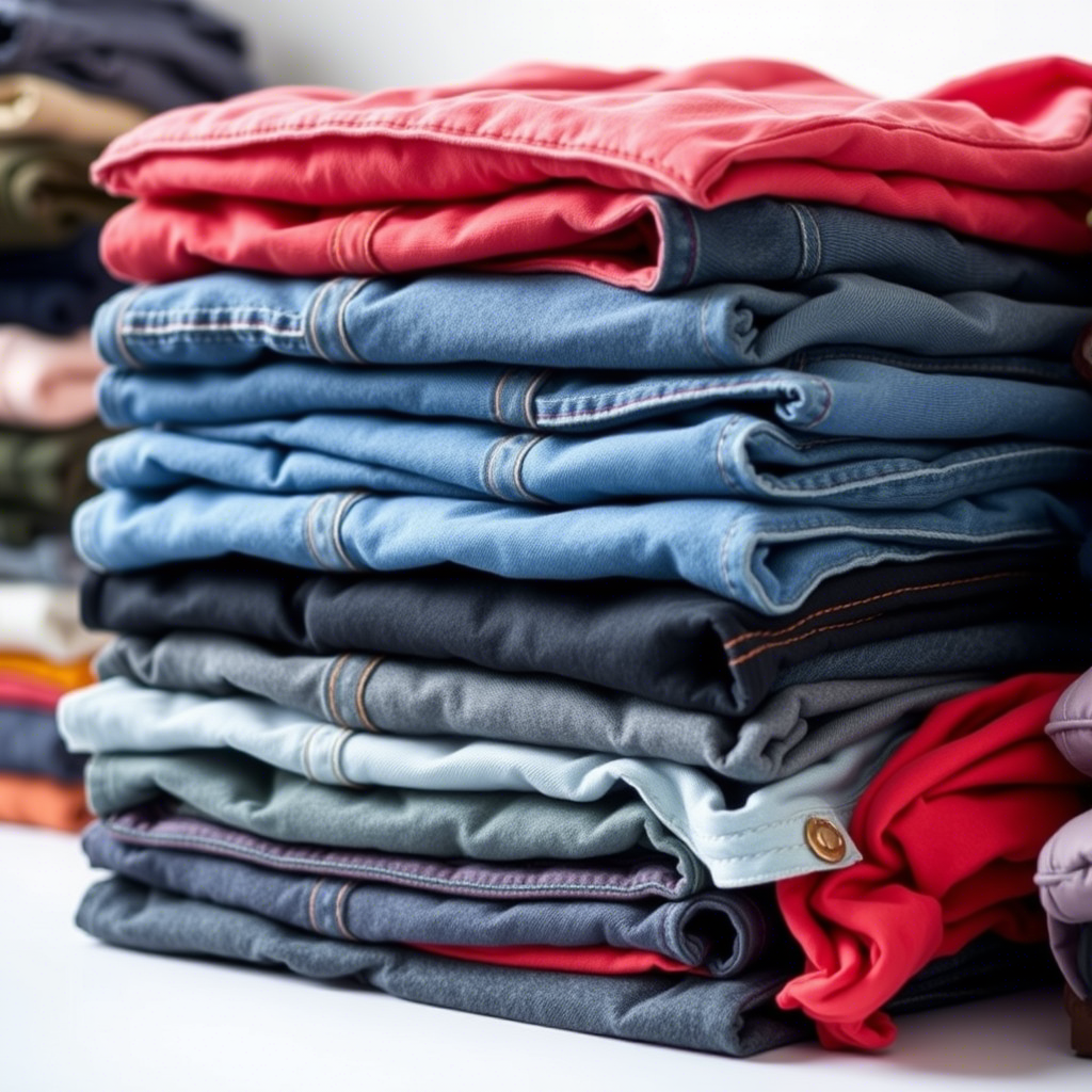 Stack of colorful kids jeans and jackets for bulk distribution