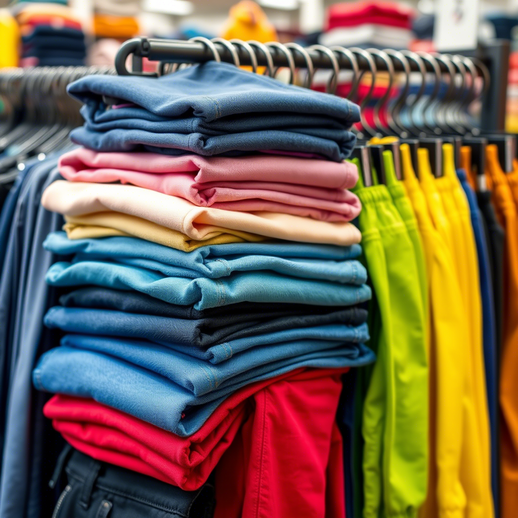 Stack of colorful kids jeans and pants on a wholesale rack