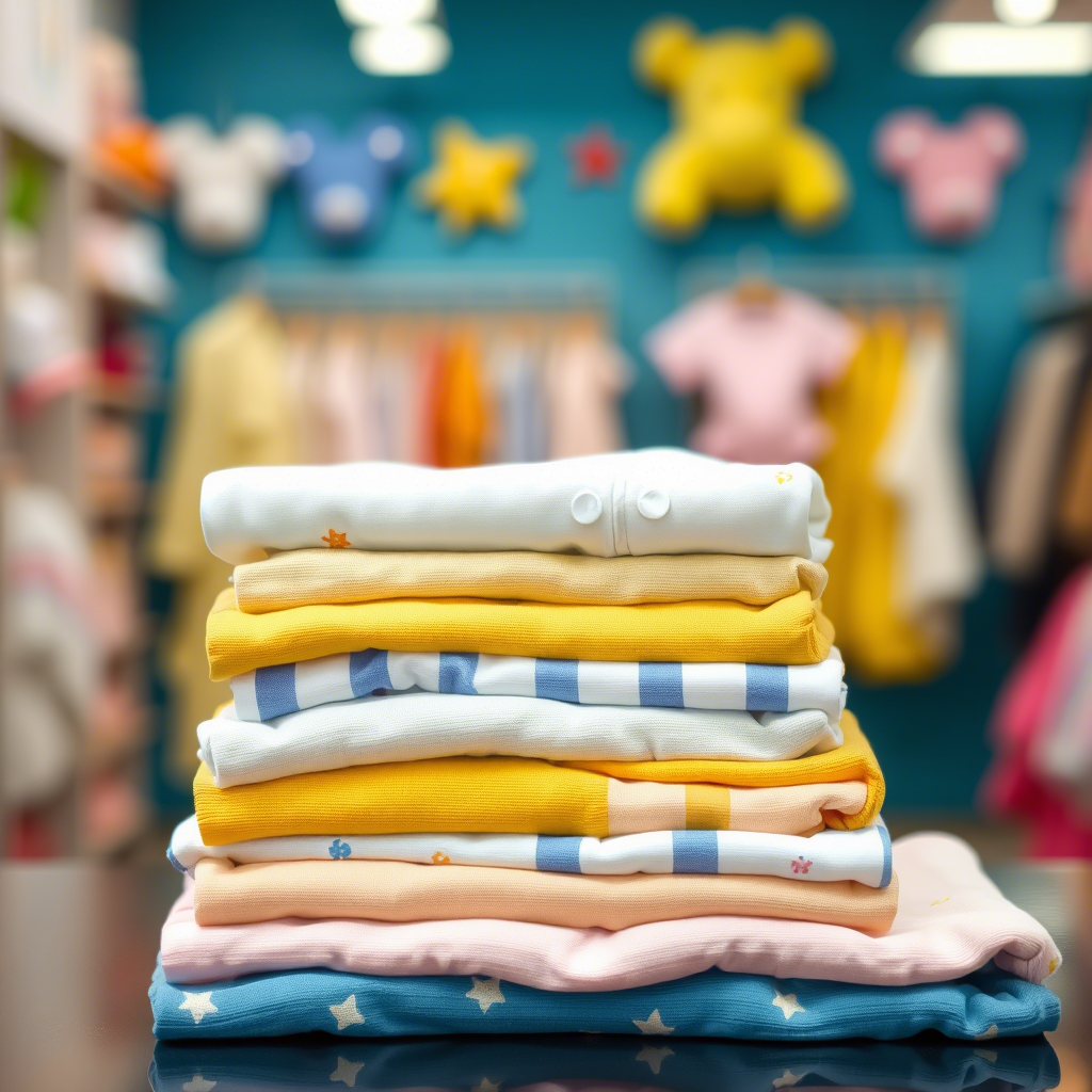 Stack of folded baby clothes with a blurred background of a children’s store