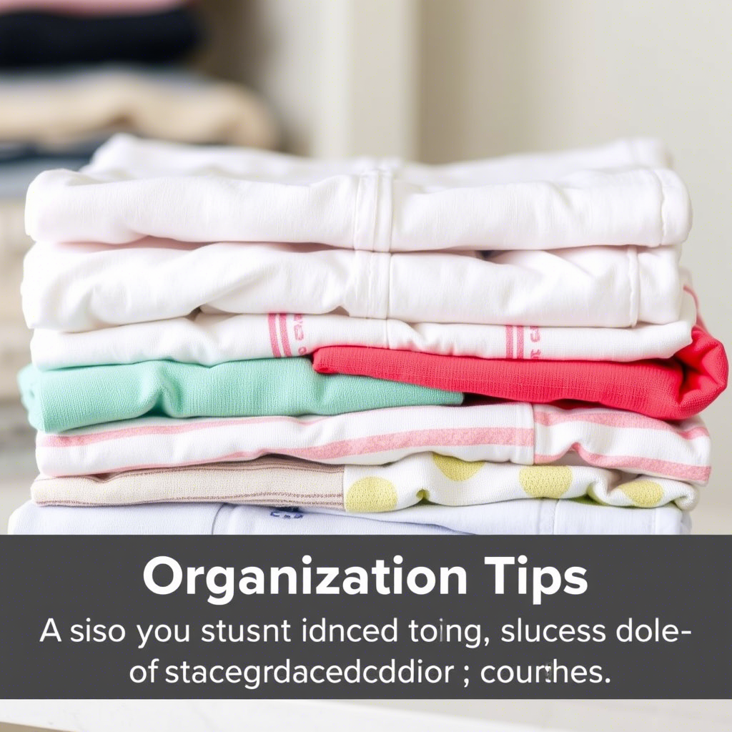 Stack of folded baby clothes with a caption on organization tips