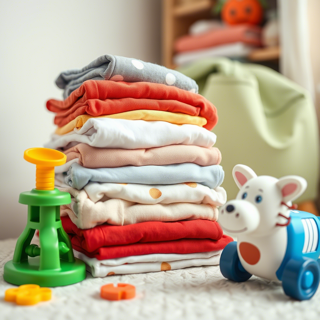 Stack of folded baby clothes with playful kid’s toy nearby