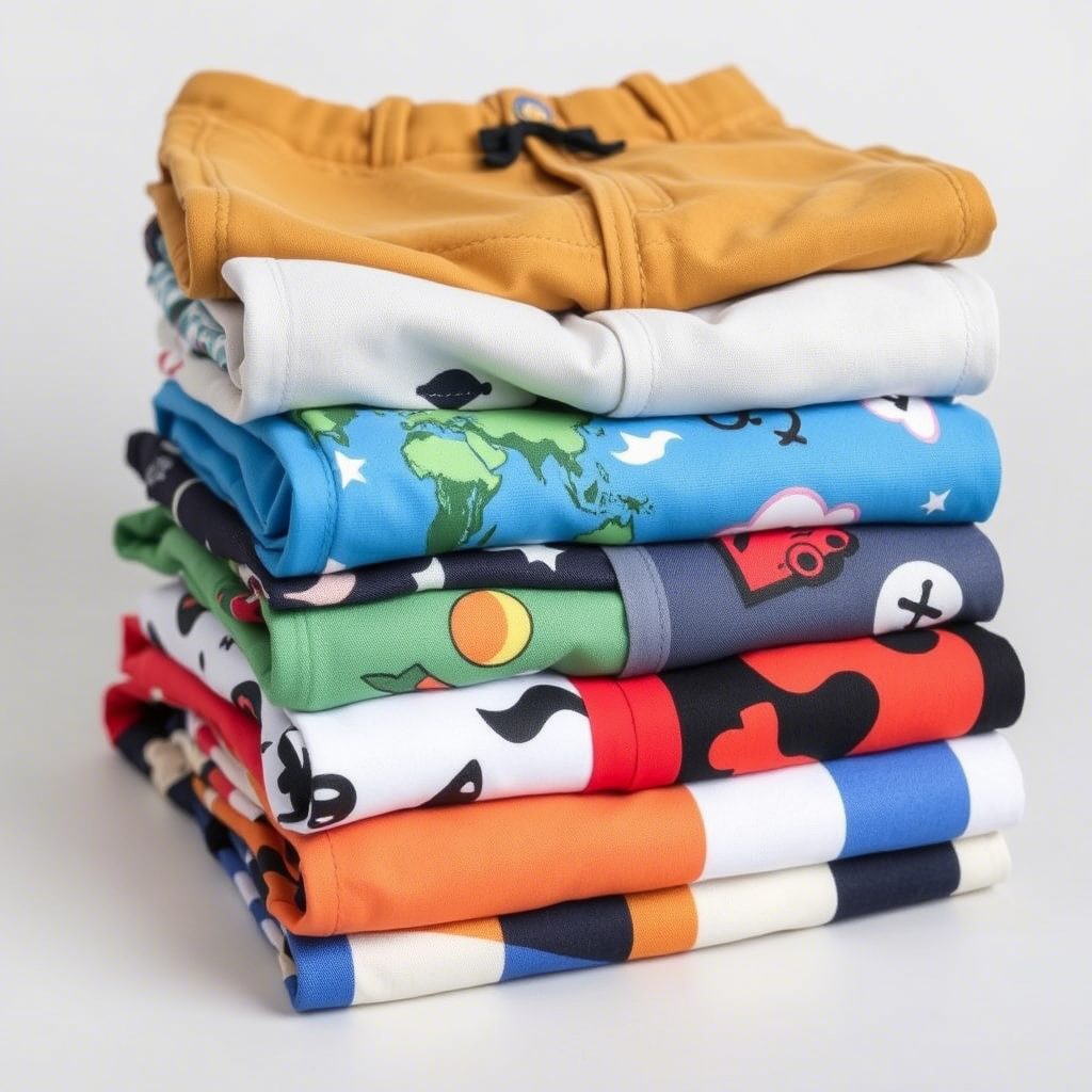 Stack of folded boys’ shorts with playful designs
