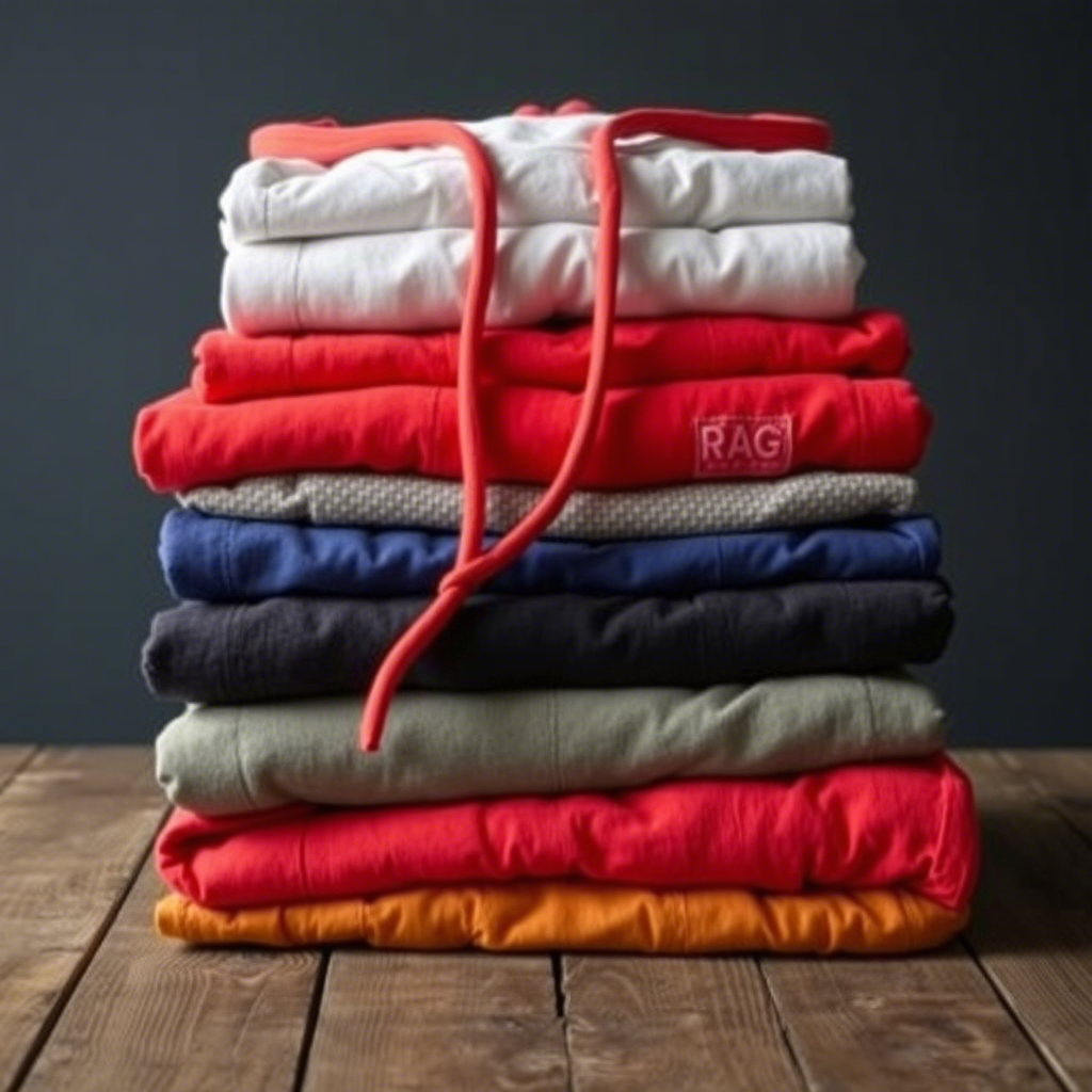 Stack of folded hoodies and pants with different colors on a wooden table