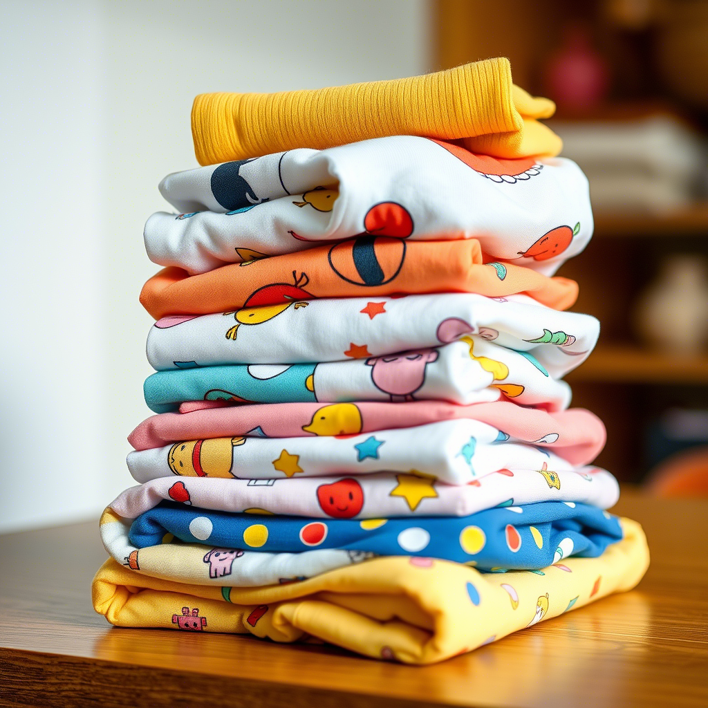 Stack of folded infant clothing with cartoon characters and bright hues