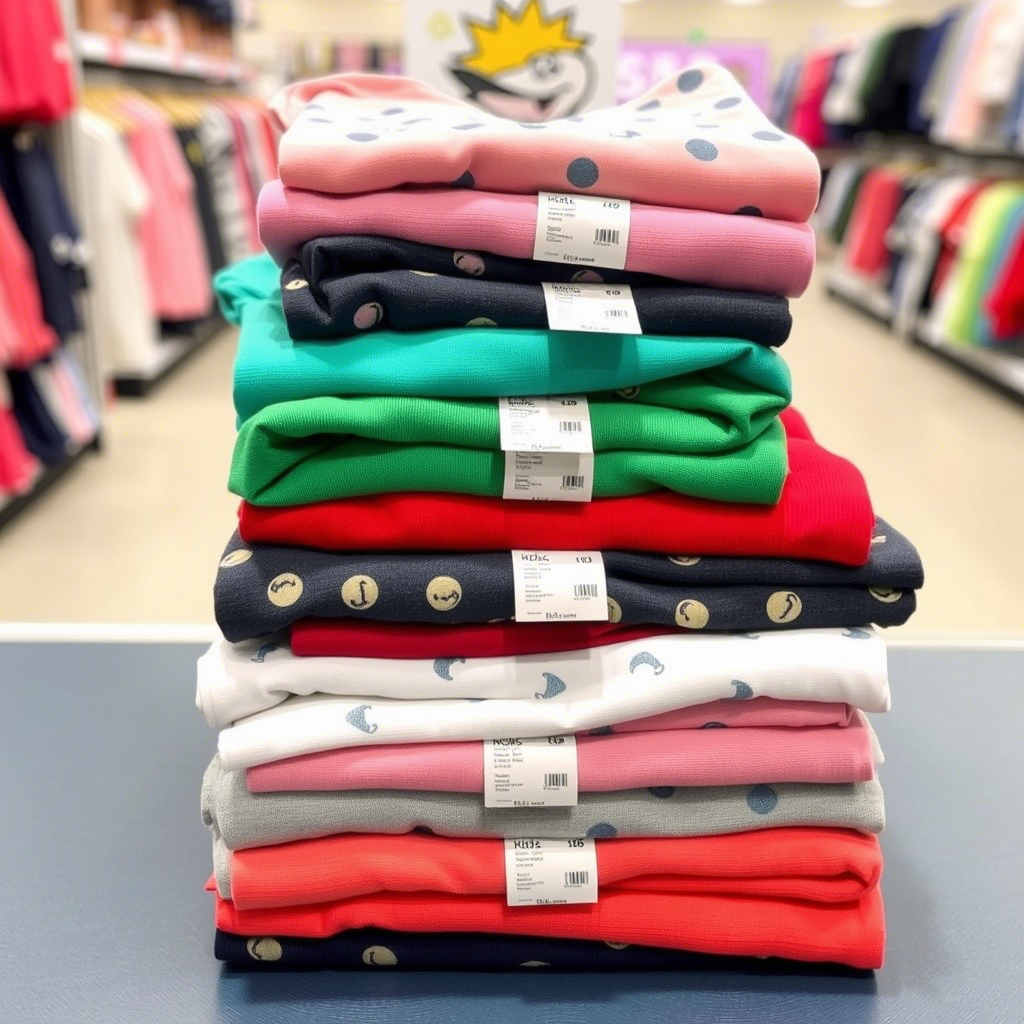 Stack of folded kids apparel with price tags in a store