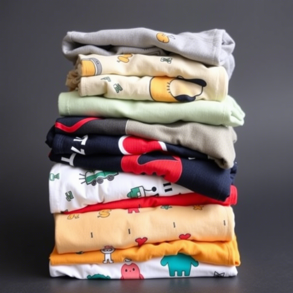 Stack of folded kids clothing with various designs
