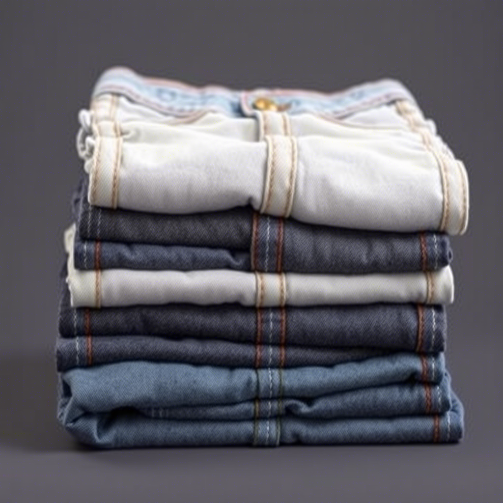 Stack of folded kids jeans with different colors and sizes