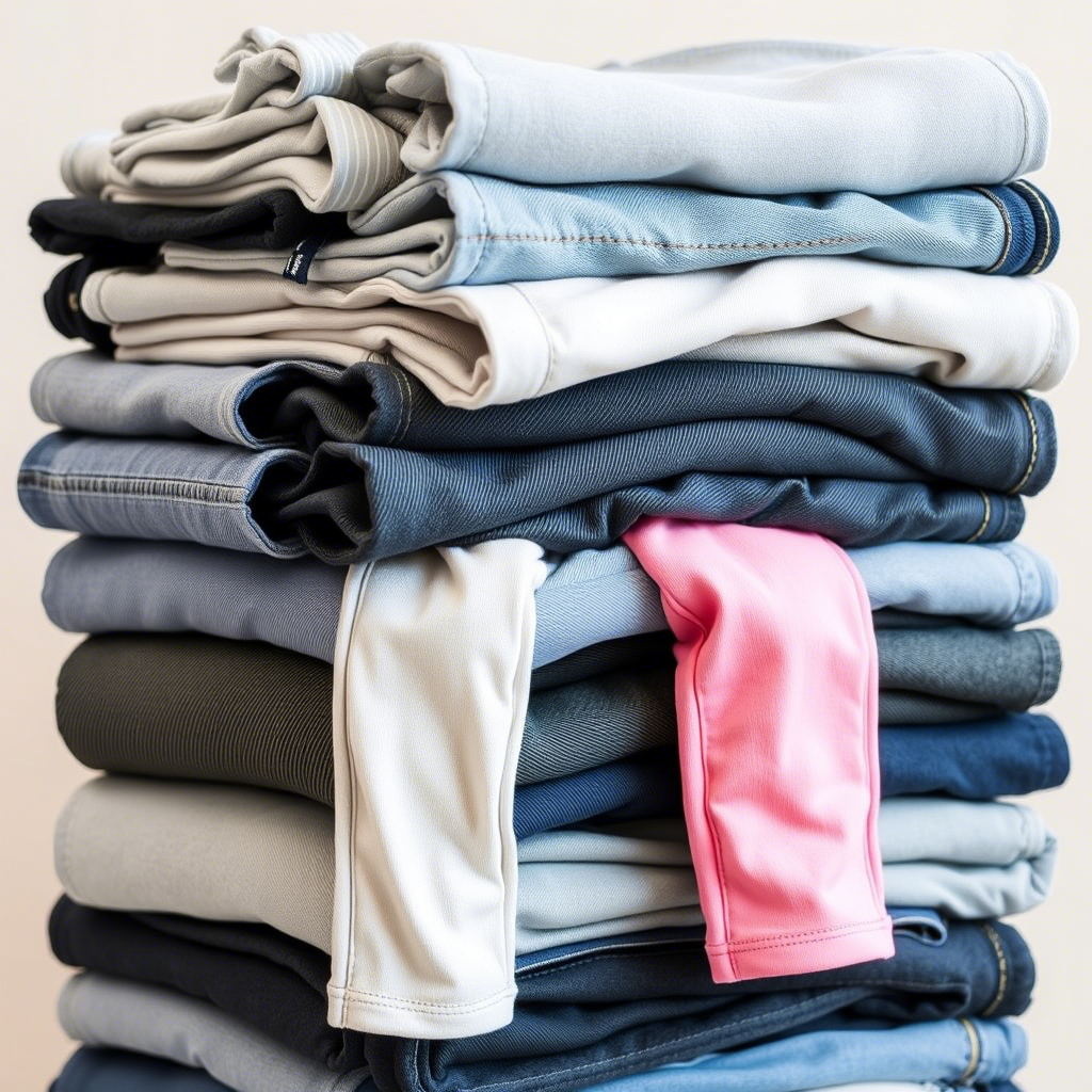Stack of kids’ jeans and leggings in various sizes and colors