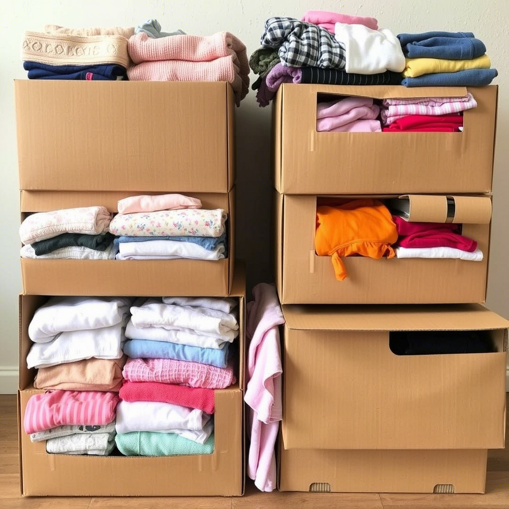 Stacked boxes of assorted children’s clothing for online sale