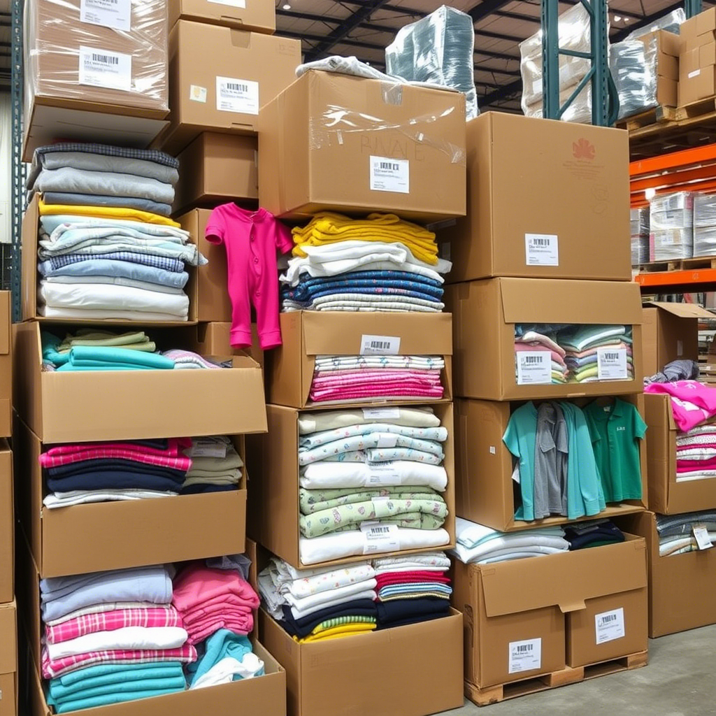 Stacked boxes of assorted children’s clothing in a distributor’s warehouse