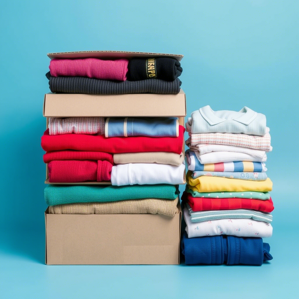 Stacked boxes of assorted kids’ clothing for online resale