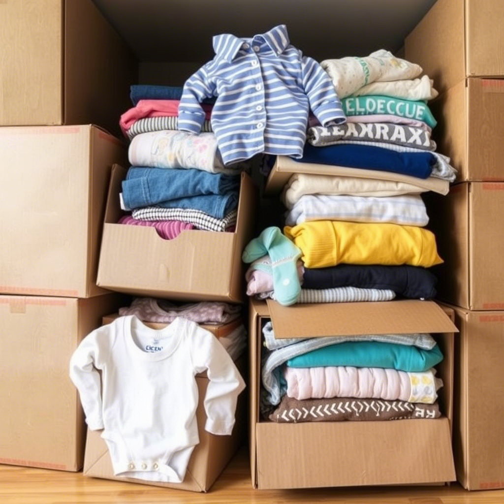 Stacked boxes of assorted kids clothing for worldwide shipping