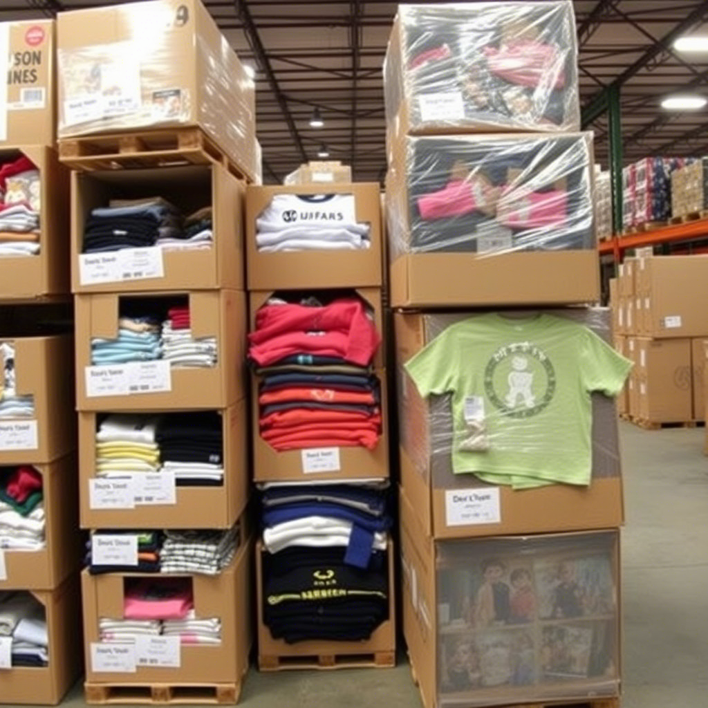 Stacked boxes of assorted kids clothing in a distributor’s warehouse