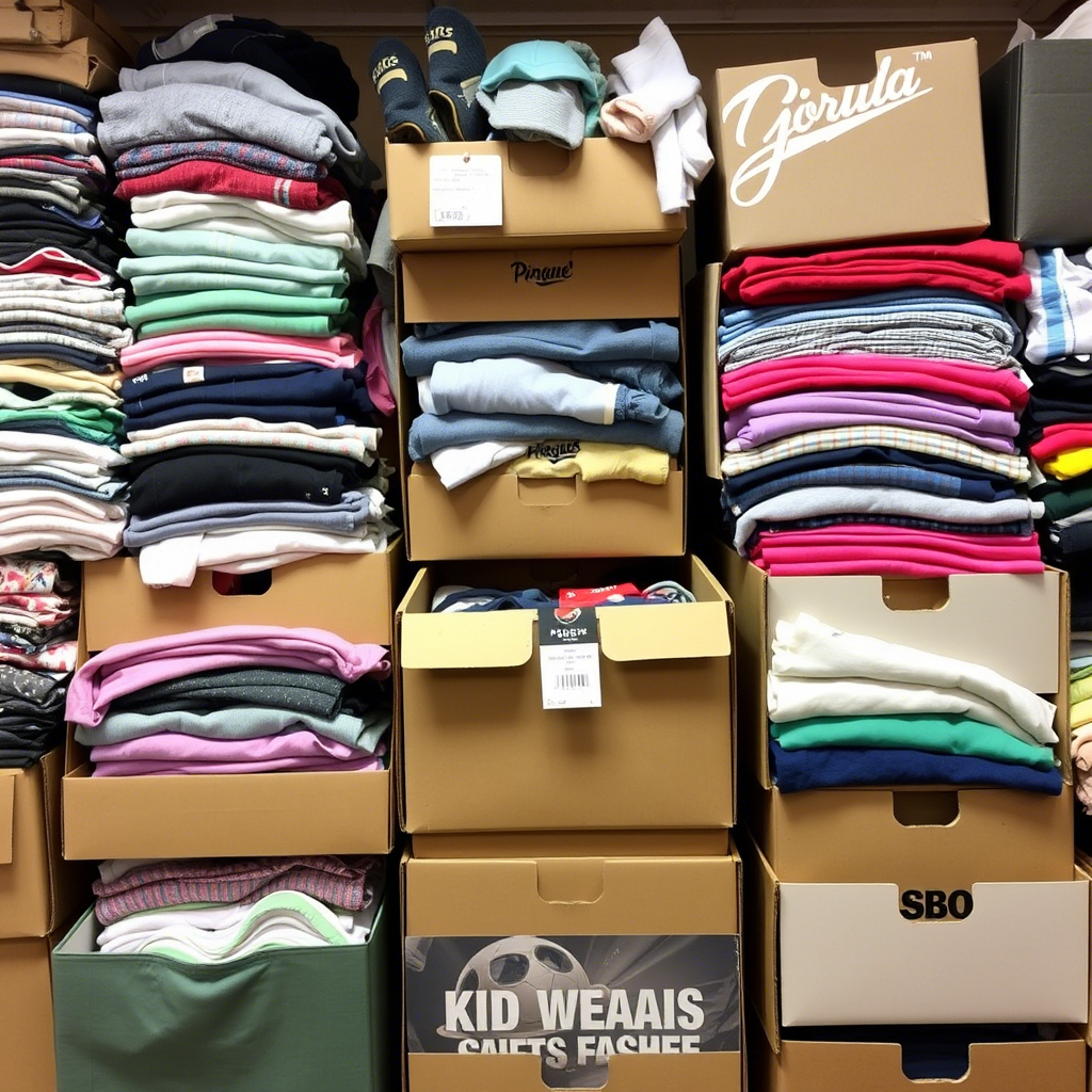 Stacked boxes of assorted kids’ wear in a bustling wholesale storage room