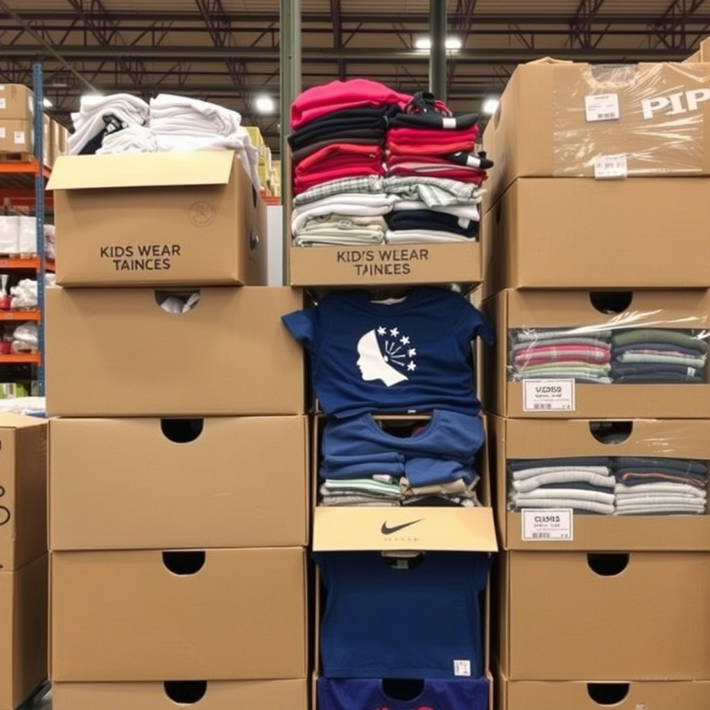 Stacked boxes of assorted kids’ wear in a wholesale warehouse