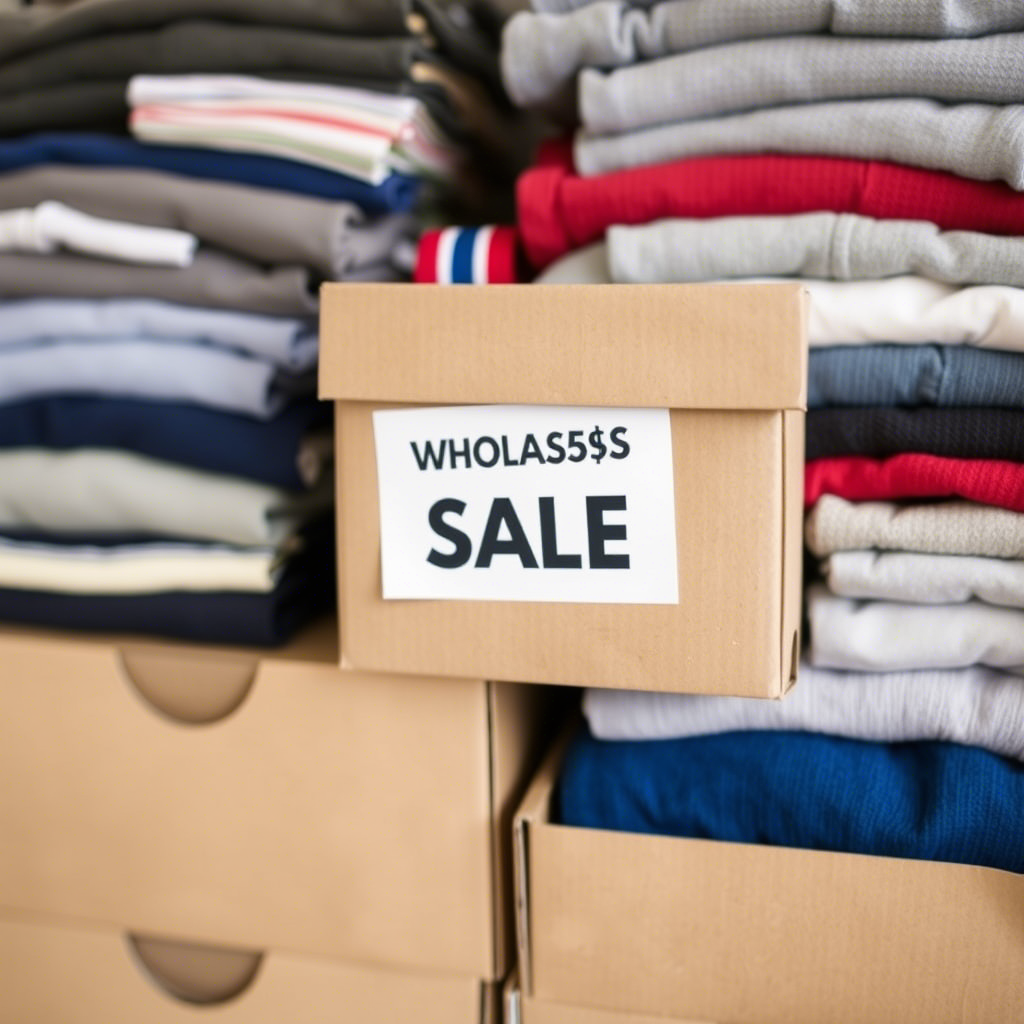 Stacked boxes of boys’ clothing with a ‘wholesale’ label on them