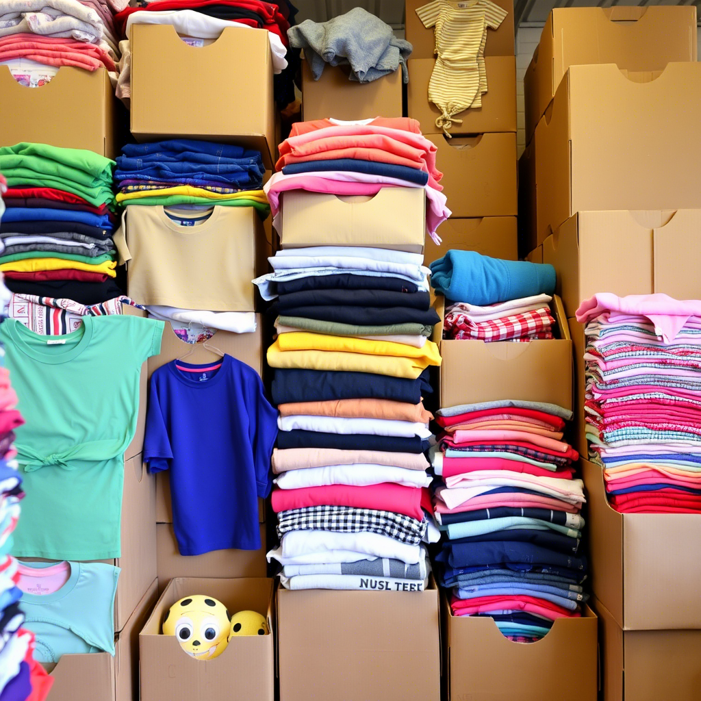 Stacked boxes of colorful kids’ apparel in a bustling wholesale storage room