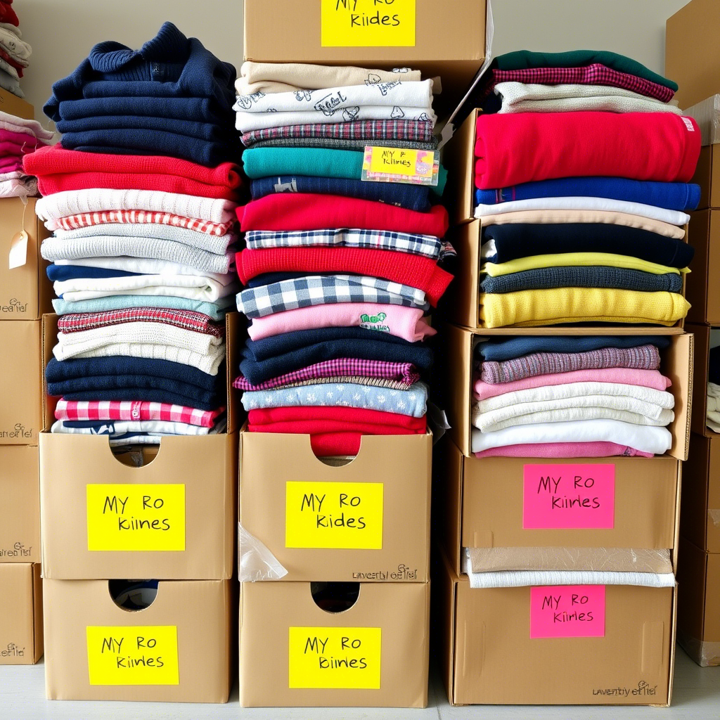 Stacked boxes of wholesale kids’ clothing with bright labels