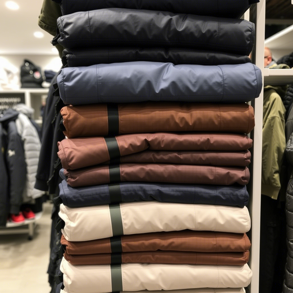 Stacked boys jackets on a retail store shelf