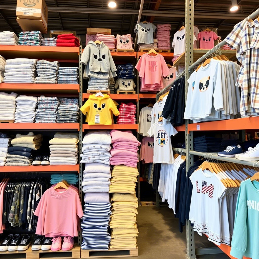 Stacked shelves of adorable kids’ apparel in a trendy online retailer warehouse