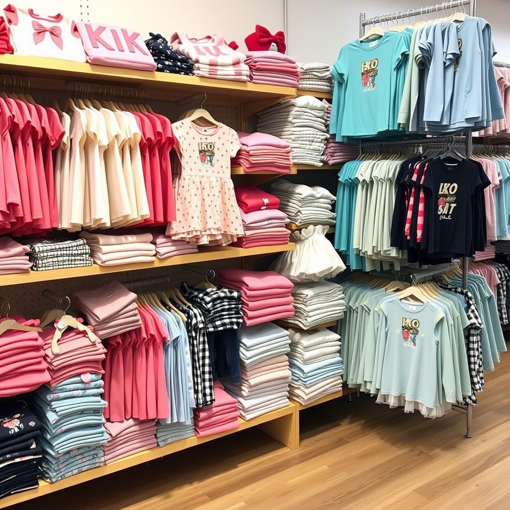 Stacked shelves of adorable kids’ apparel in a wholesale store