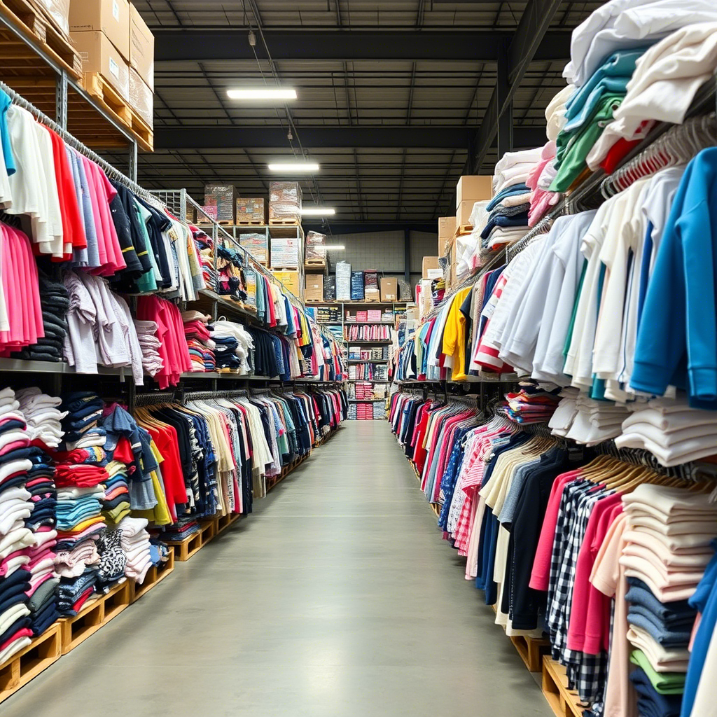 Stacked shelves of assorted kids clothing in a wholesale warehouse