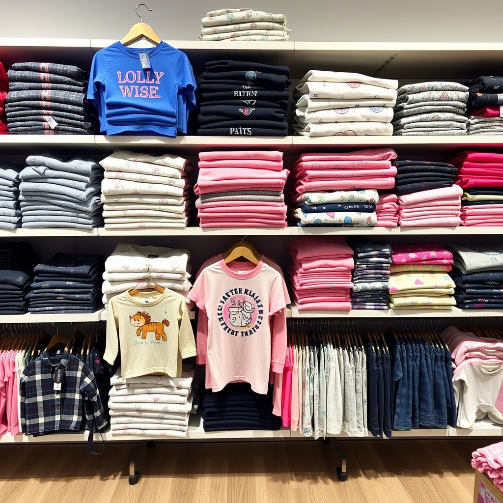 Stacked shelves of trendy kids’ clothing for brand distributors