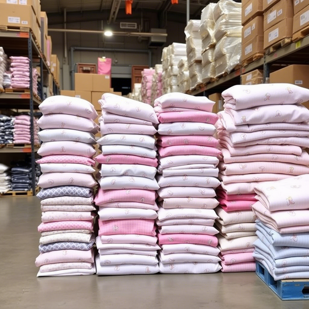 Stacks of adorable kidswear neatly arranged in a supplier’s warehouse
