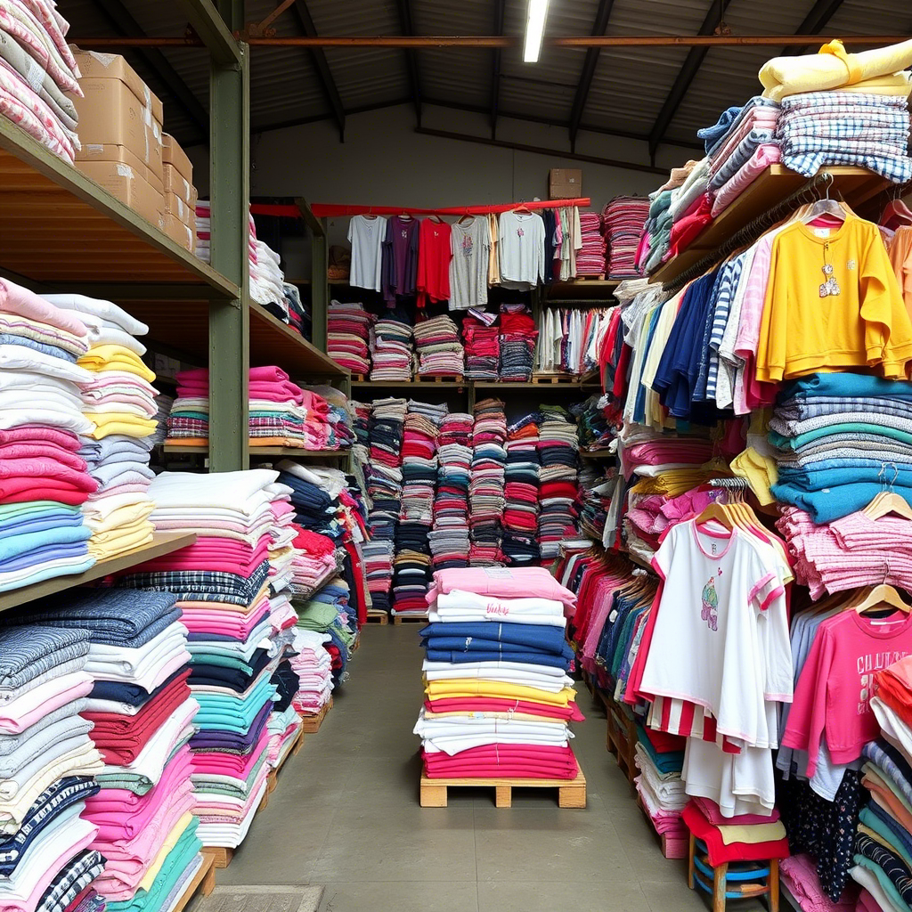Stacks of affordable children’s clothing in a Chinese manufacturer’s warehouse