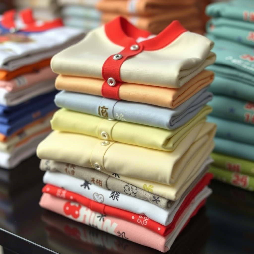 “Stacks of folded kids’ clothing with Chinese characters on the packaging”