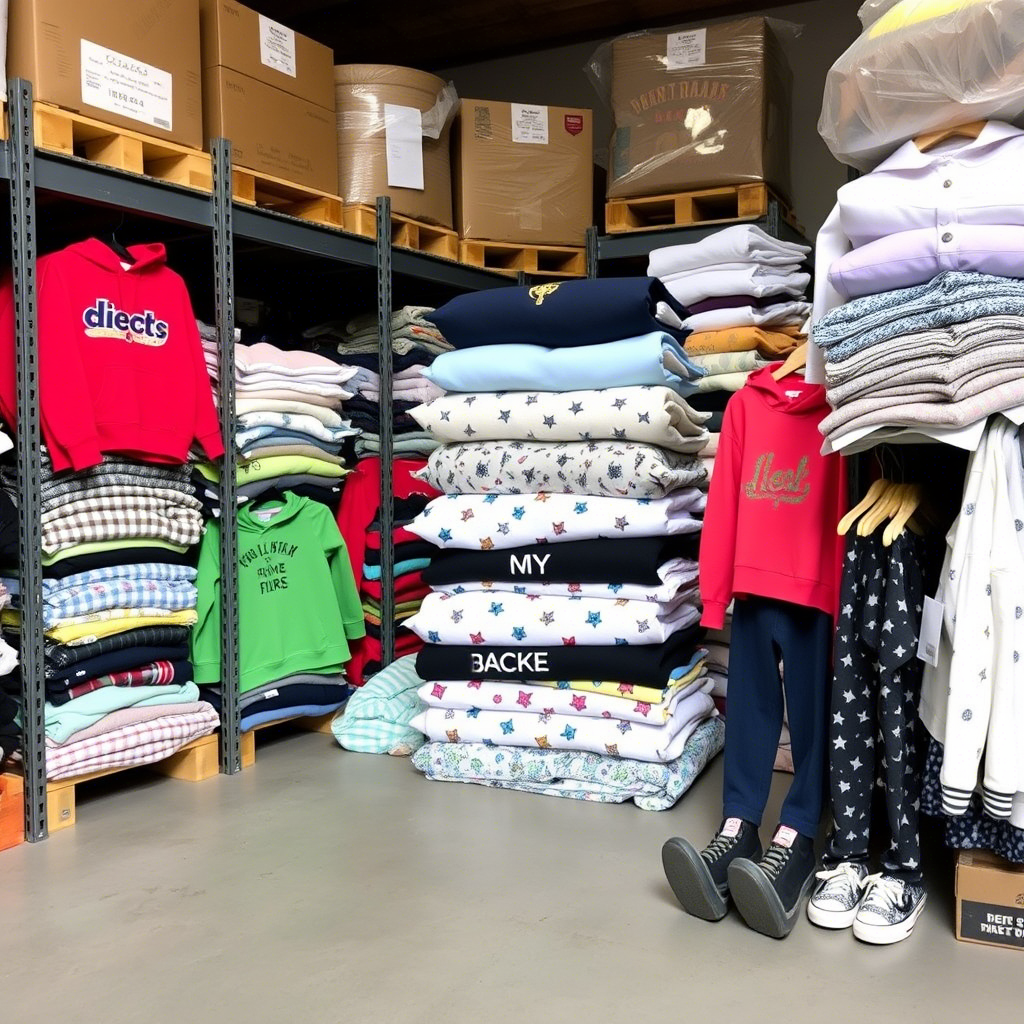 Stacks of trendy kids’ apparel in a warehouse storage room