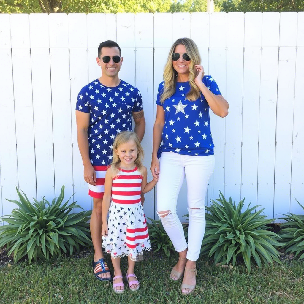 Star-spangled family outfits with glittery American flag patterns for a festive Independence Day look
