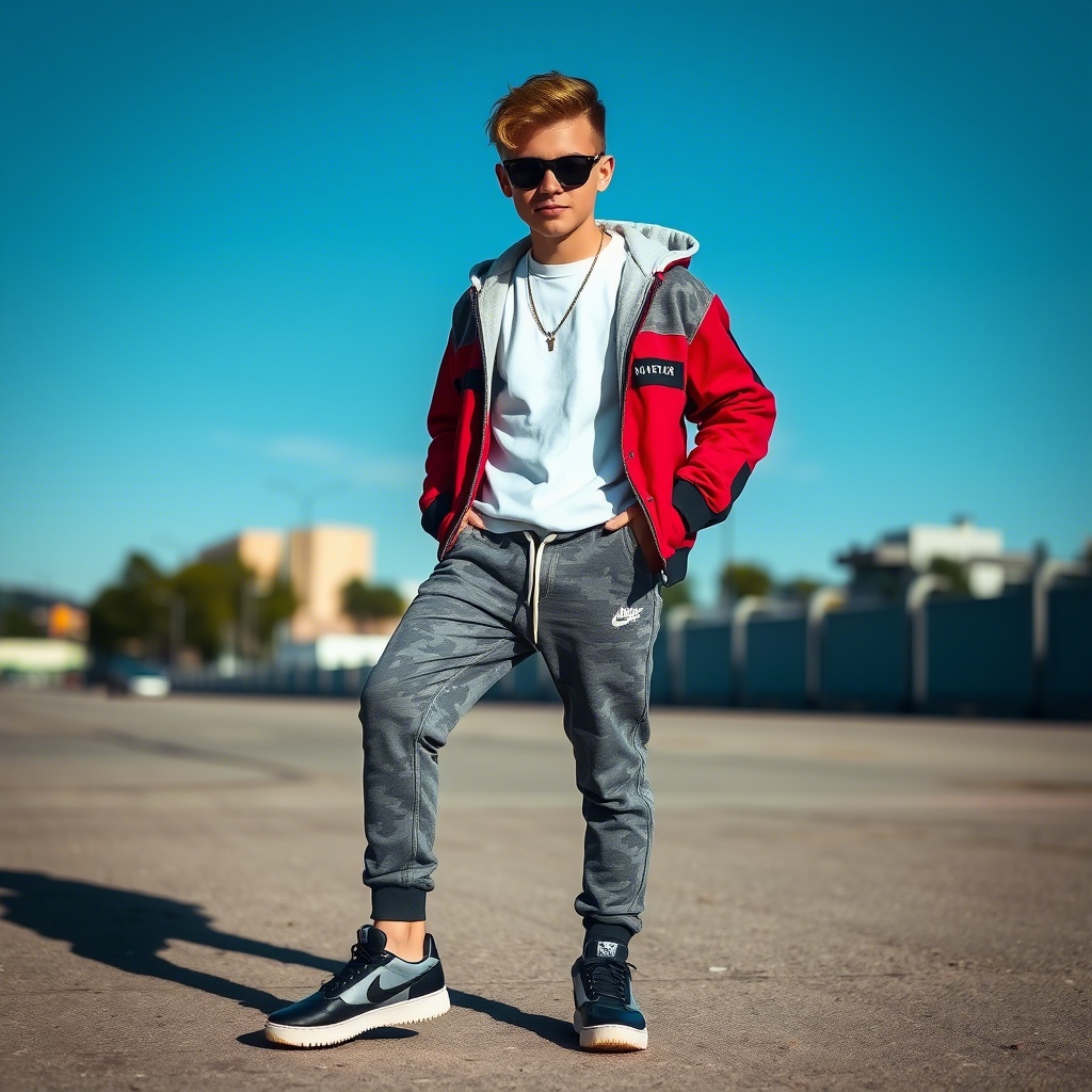 Stylish boy in trendy jeans and sweatpants posing for a streetwear photo shoot