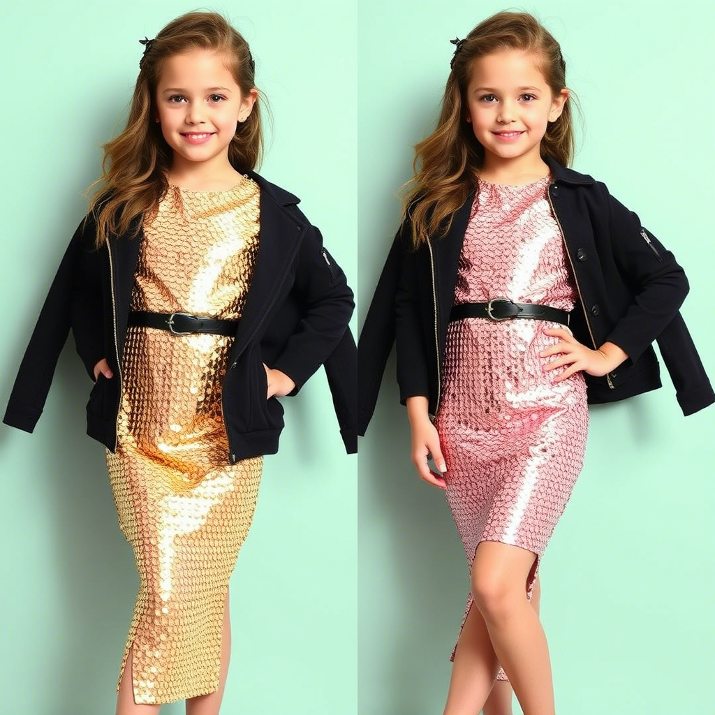 Stylish girls showcasing trendy sequin dress and jacket ensemble