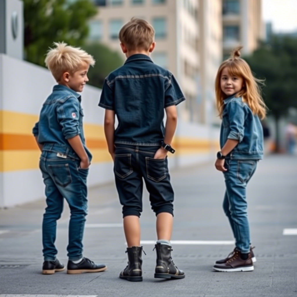 Stylish kids wearing fashionable denim pants, urban backdrop